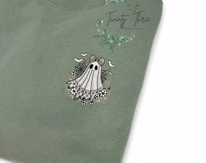 Embroidered  Ghost Sweatshirt with wild flowers, Cozy, Whimsical,  Trendy, Unique,  fall vibes, Halloween,  extended sizes