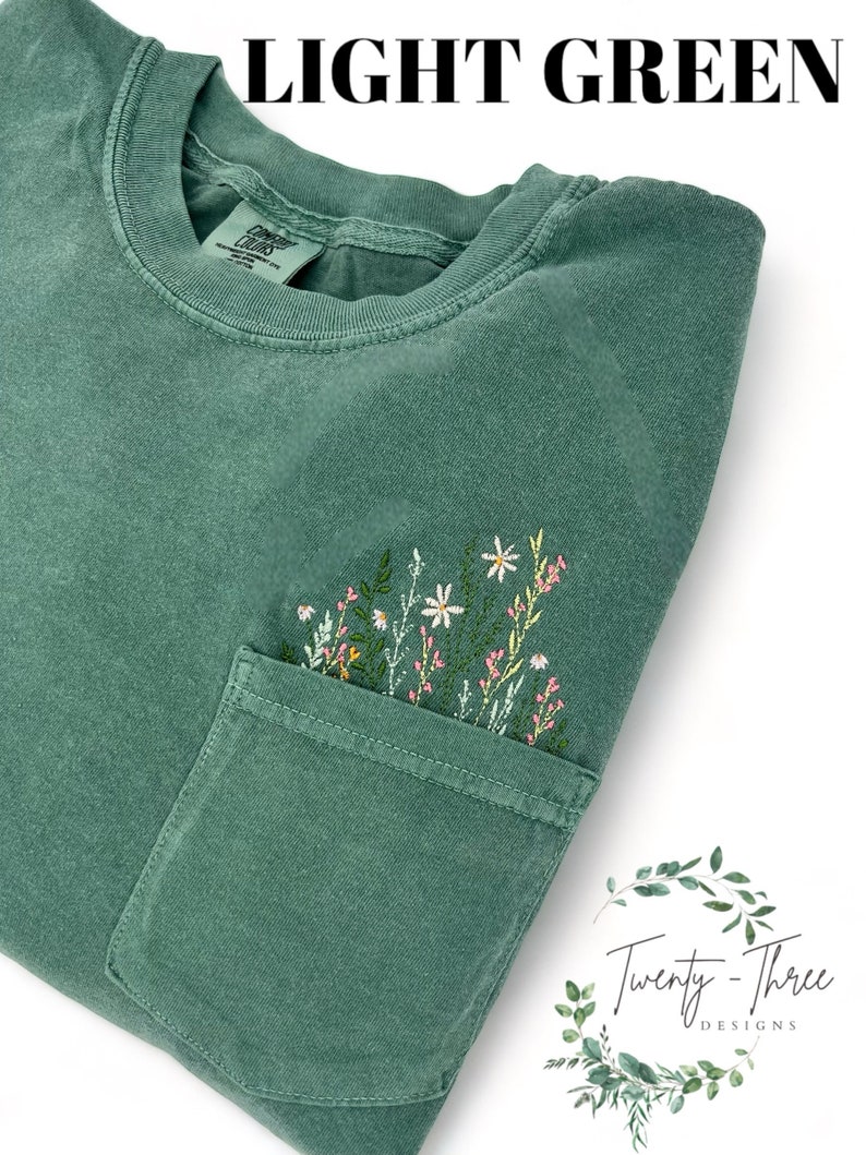 Embroidered crewneck wildflower pocket t-shirt, Embroidered flower shirt, Spring clothing, Floral pocket tee, Comfort Colors tshirt image 4