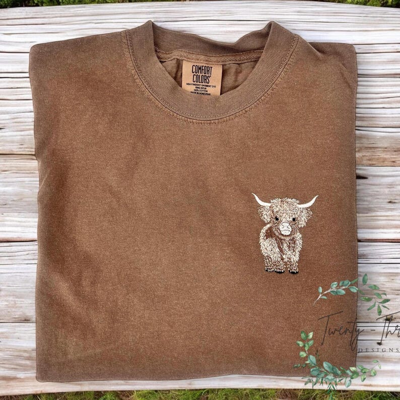 Embroidered highland cow t-shirt, Embroidered t-shirt, Embroidery, Comfort colors tee, Highland cow, Cow, Cow t-shirt,