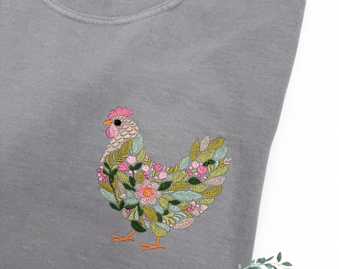 Floral Chicken Embroidered T-shirt, Farmhouse Fresh Meets Boho Chic! Perfect for lovers of Farmhouse, cottagecore vibes, or  quirky fashion.