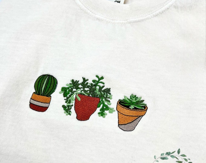 Plant embroidered t-shirt, potted plants, plant trio, plant embroidery, Embroidery, comfort colors, crewneck, Plant lover, Extended sizes