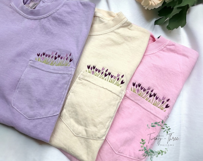 Embroidered crewneck tulip pocket t-shirt, Embroidered flower shirt, Spring clothing, Floral pocket tee, Comfort Colors tshirt, Tulips