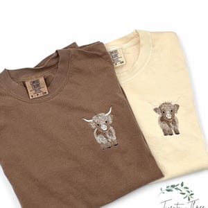 Embroidered highland cow t-shirt, Embroidered t-shirt, Embroidery, Comfort colors tee, Highland cow, Cow, Cow t-shirt,