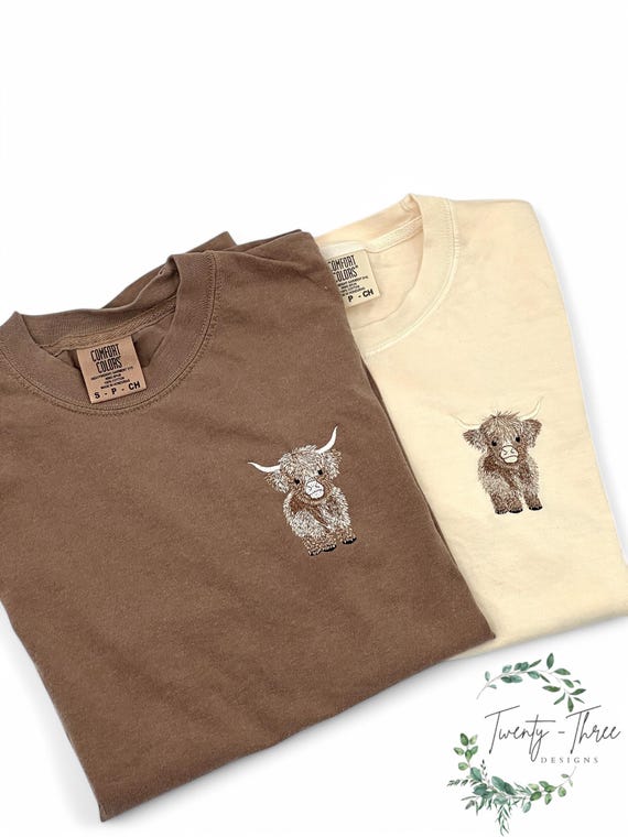 Embroidered highland cow t-shirt, Embroidered t-shirt, Embroidery, Comfort colors tee, Highland cow, Cow, Cow t-shirt,