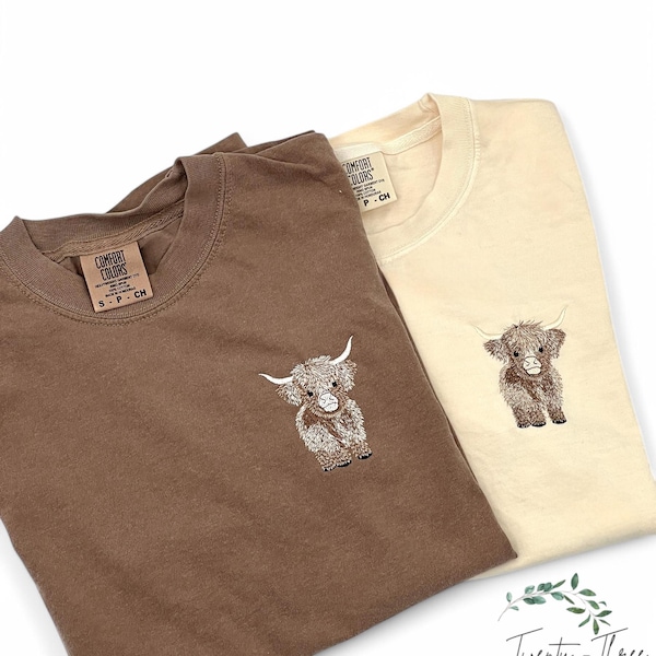 Embroidered highland cow t-shirt, Embroidered t-shirt, Embroidery, Comfort colors tee, Highland cow, Cow, Cow t-shirt,
