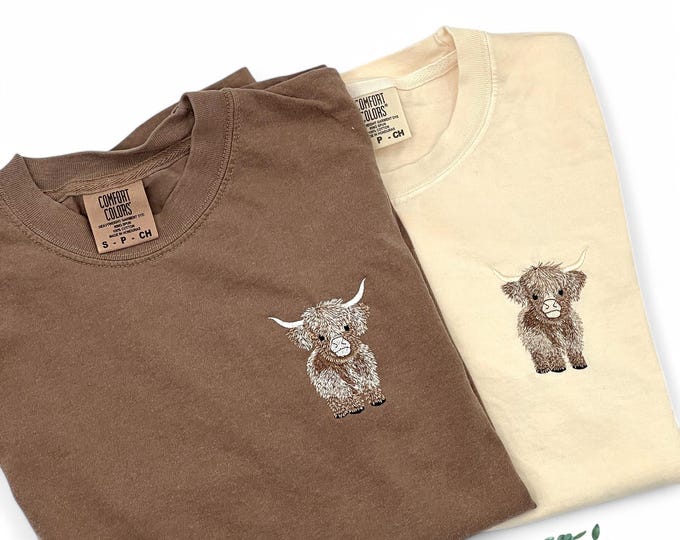 Embroidered highland cow t-shirt, Embroidered t-shirt, Embroidery, Comfort colors tee, Highland cow, Cow, Cow t-shirt,