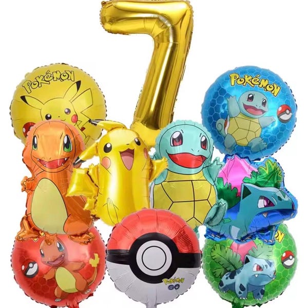 Ramo de globos de cumpleaños con temática de Pokémon con personajes como Pikachu, Charmander y Squirtle, junto con un globo con número para un séptimo cumpleaños.