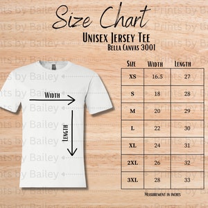 Bella Canvas 3001 Size Chart | Bella Canvas 3001 | Tee Size Chart | Store Graphics