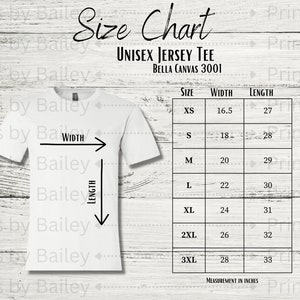 Bella Canvas 3001 Size Chart | Bella Canvas 3001 | Tee Size Chart | Store Graphics
