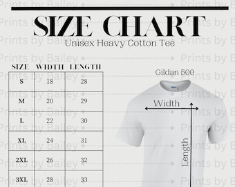 Gildan 500 Unisex Heavy Cotton Tee Size Chart | Gildan 500 | Sweatshirt Size Chart | Store Graphics | Simple Store Graphic