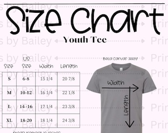 Bella Canvas Youth Tee Size Chart *Pink* | Bella Canvas 3001Y | Youth Tee | Store Graphics | Simple Store Graphic
