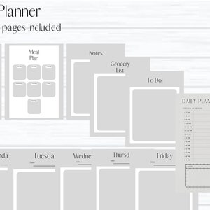 May include: A printable planner with 12 pages for busy moms. The pages include a weekly planner, meal plan, notes, grocery list, to-do list, and a daily plan.