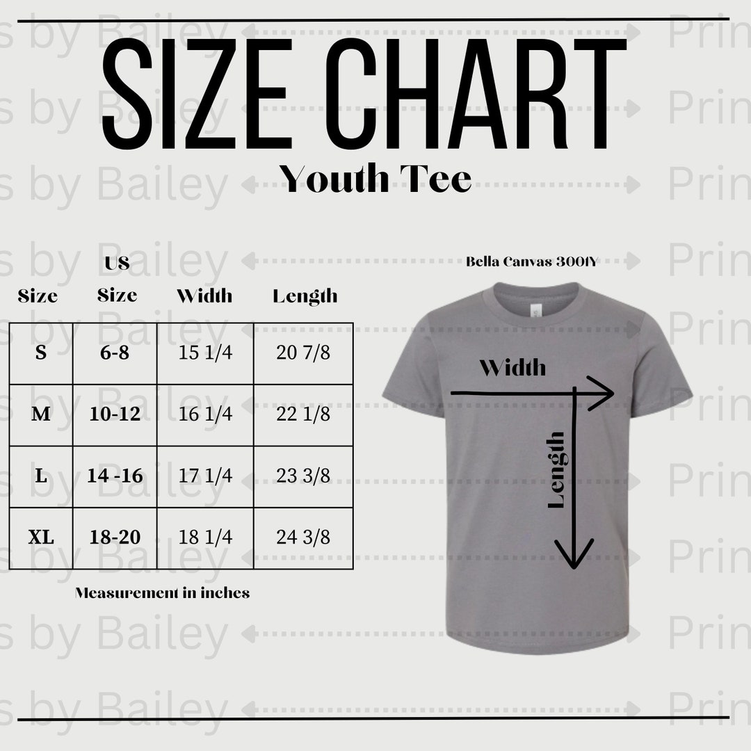 Bella Canvas Youth Tee Size Chart Bella Canvas 3001Y Youth - Etsy