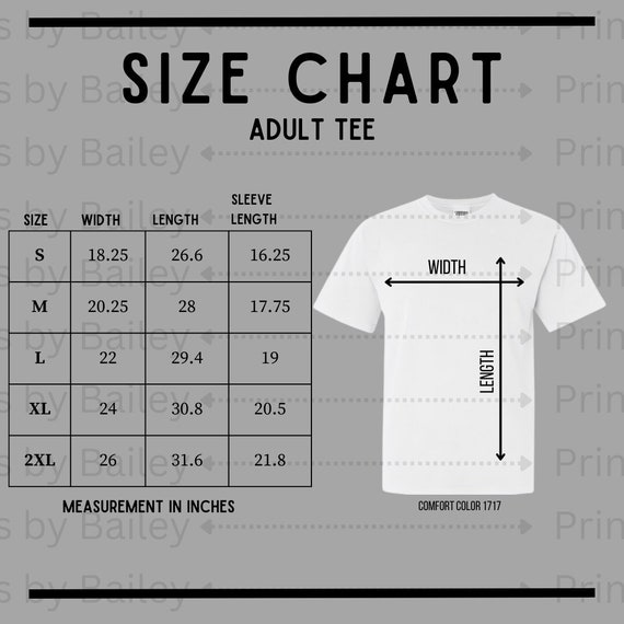 Comfort Colors 1717 Tee Size Chart | Unisex Store Graphic (digital