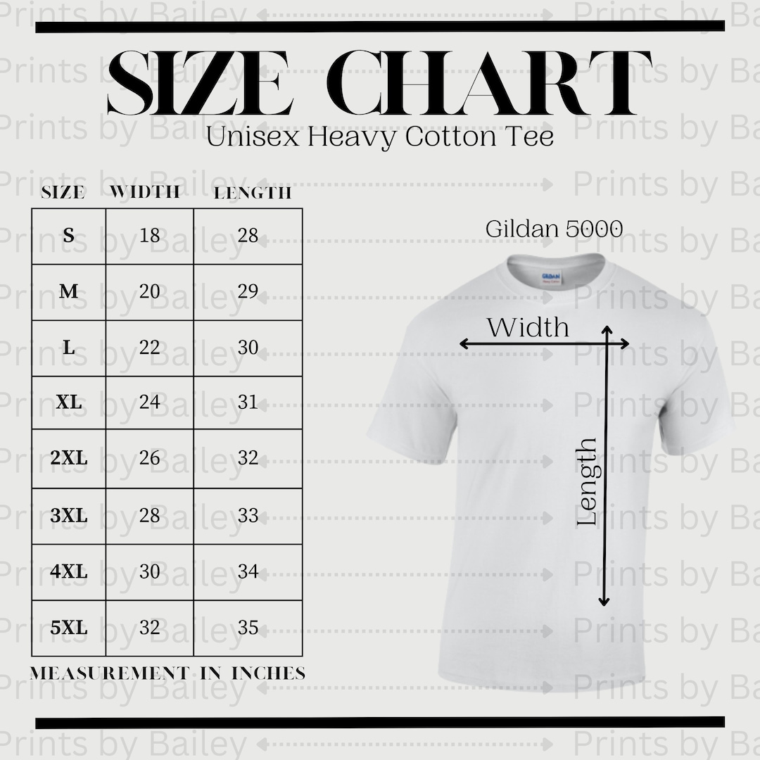 Gildan 5000 Unisex Heavy Cotton Tee Size Chart Gildan 5000