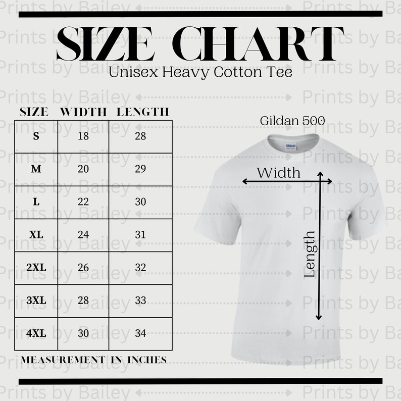 Gildan 500 Unisex Heavy Cotton Tee Size Chart Gildan 500 Sweatshirt Size Chart Store Graphics Simple Store Graphic image 1