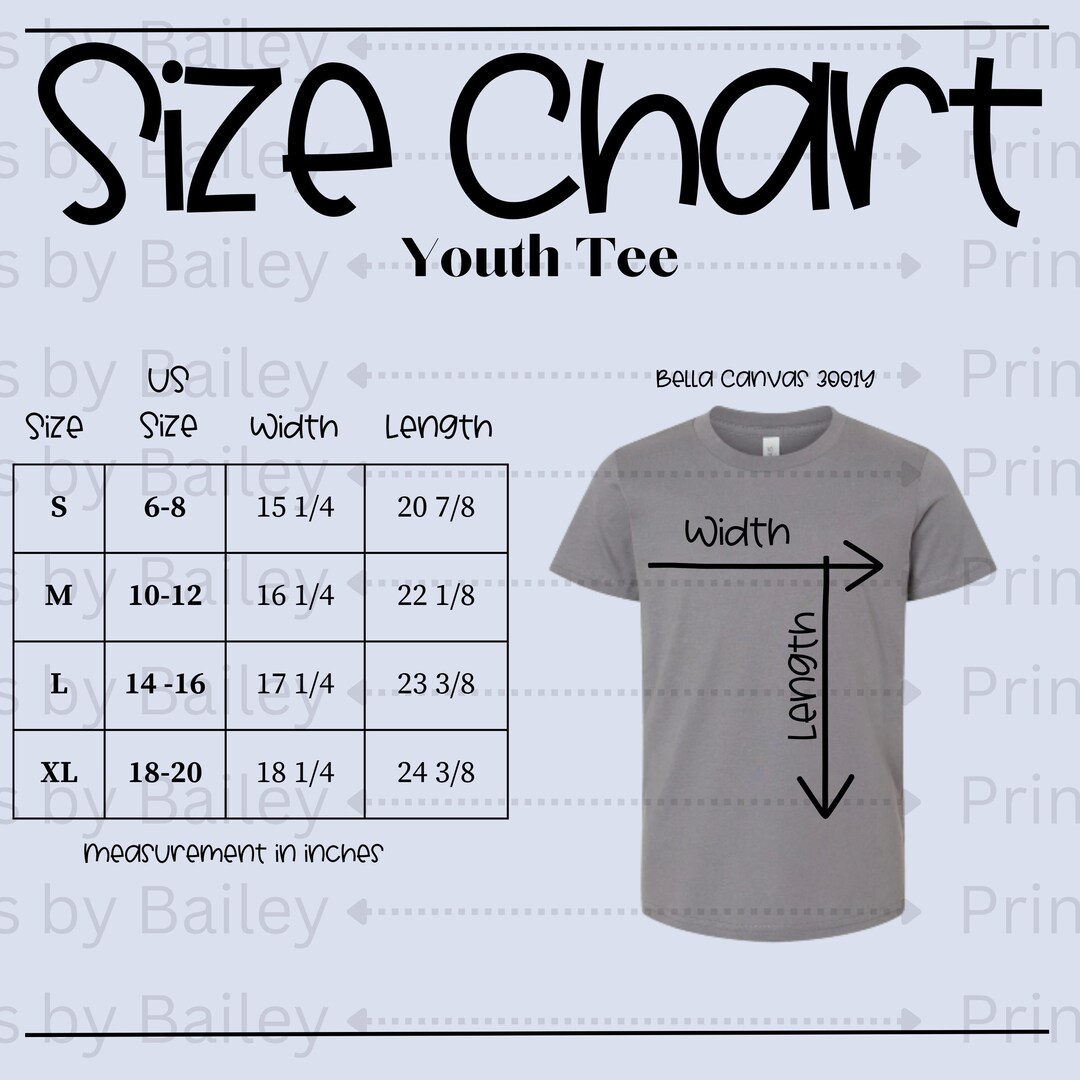 Bella Canvas Youth Tee Size Chart blue Bella Canvas 3001Y Youth Tee