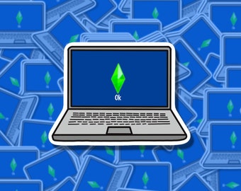 May include: A sticker of a laptop computer with a green diamond icon and the word "OK" on the screen. The laptop is surrounded by a blue background with many smaller laptop stickers.