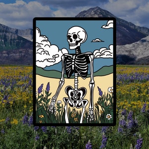Skeleton in flower field sticker, water bottle sticker, emo sticker, pastel goth, goth sticker, laptop decal, water-resistant