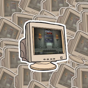 May include: A sticker featuring a beige computer monitor displaying a video game interface. The monitor has a rounded base and a black border. The game screen shows a castle interior with torches and text. The sticker is surrounded by other monitor stickers.