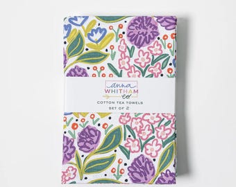 Katoenen theedoeken met lavendelbloemen - lentehanddoekenset (set van 2)