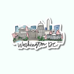May include: A hand-drawn illustration of the Washington D.C. skyline, featuring iconic buildings like the Capitol Building and the Washington Monument. The illustration is done in a whimsical style with pastel colors and includes trees and greenery.