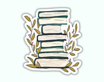 Peut inclure: Une pile de livres avec des couvertures vertes et blanches, entourée de feuilles et de baies stylisées dans des tons de jaune et de rouge.