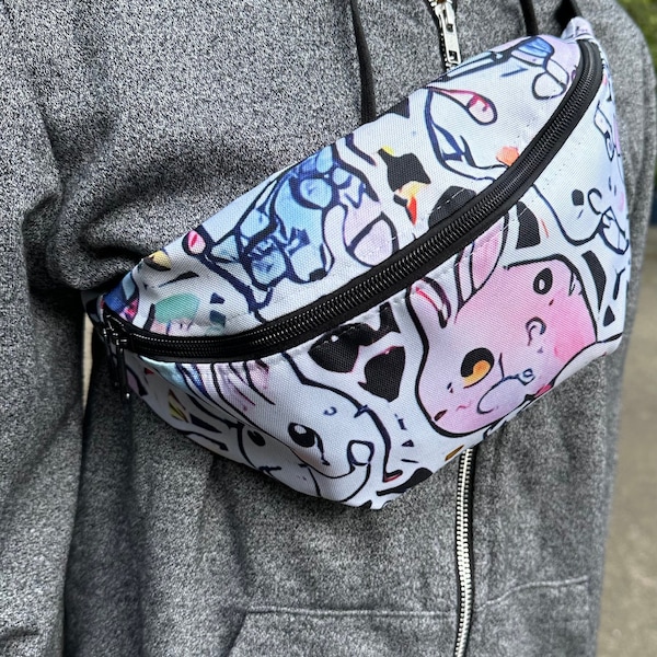 Anime, Kawaii Rabbit, Water Resistant Canvas Sling Bag for Women Men | Purse | Cute Bum Bag | Hip Bag | Cross Body Waist Bag | Fanny Pack