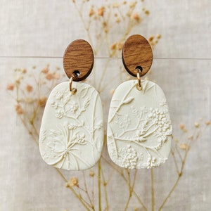 Nature Flower Dangle Earrings | Polymer Clay Statement Earrings | Beige Shimmer Earrings | Handmade | Wooden Stainless Steel Ear Hook
