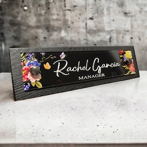 office name and title,black modern wood on floral design acrylic,business desk name plate