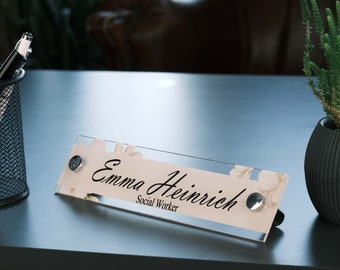 Floral Design Personalized Office Desk Name Plate Wood and Acrylic Name and Title