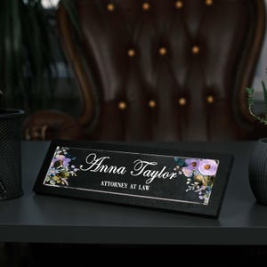 Floral Office Desk Name Plate: Personalized Wood & Acrylic Plaque