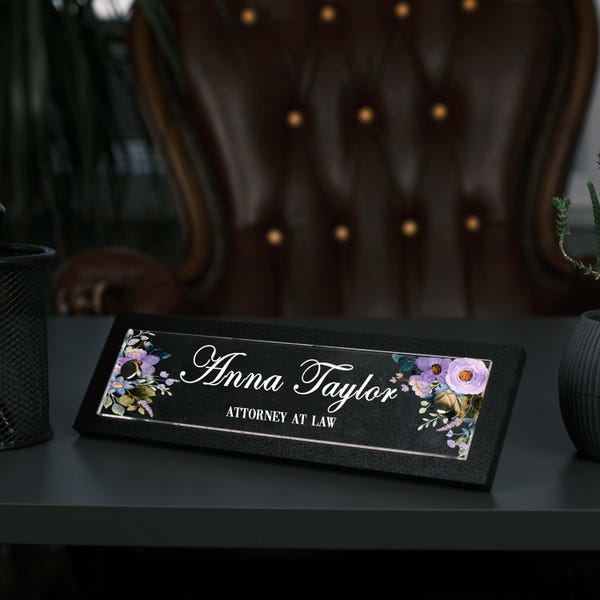 Floral Office Desk Name Plate: Personalized Wood & Acrylic Plaque