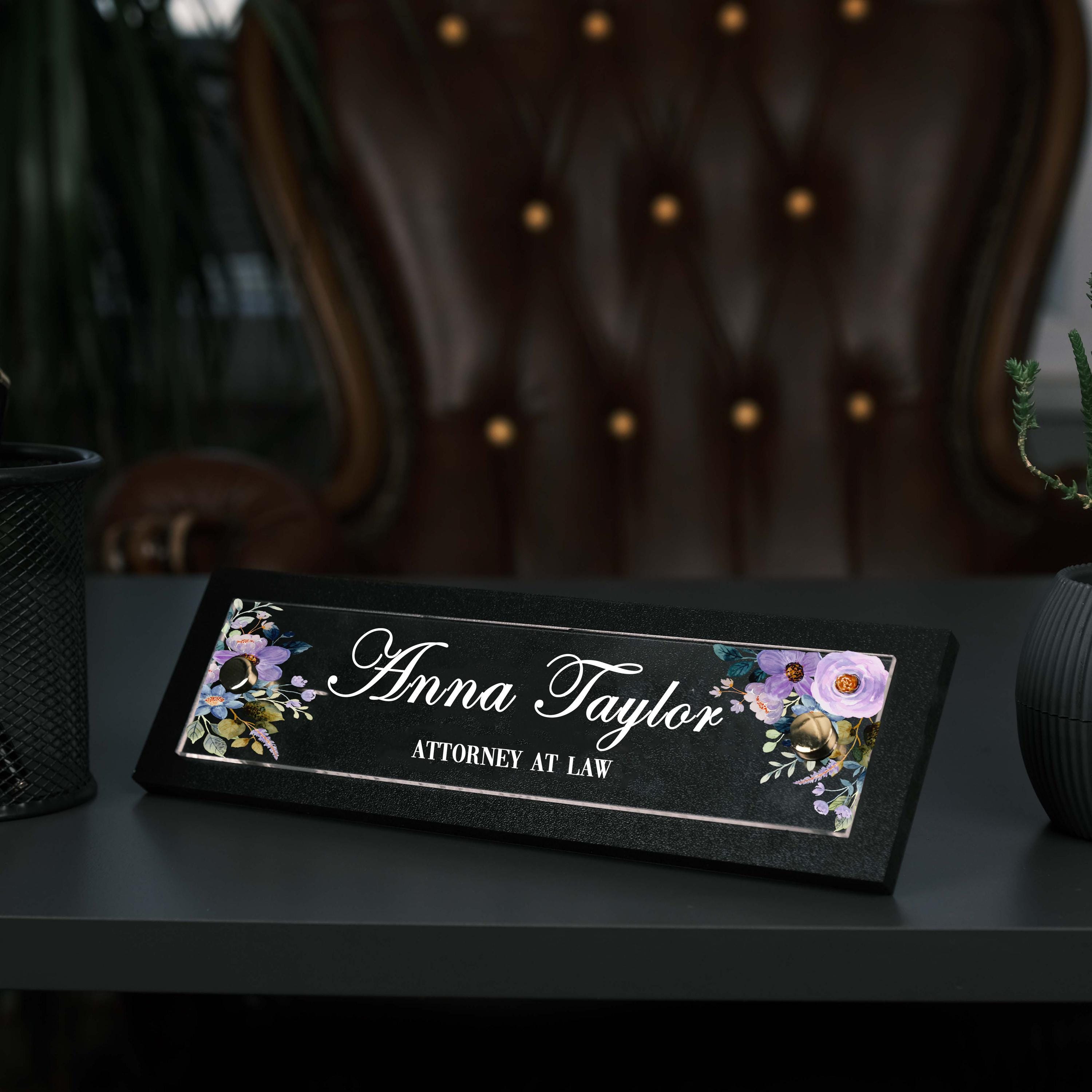 Floral Office Desk Name Plate: Personalized Wood & Acrylic Plaque