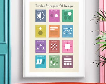 May include: A white framed poster with the title "Twelve Principles Of Design" and a grid of 12 colorful squares, each containing a different design element and its name. The design elements include contrast, balance, emphasis, proximity, hierarchy, white space, repetition, pattern, unity, movement, variety, and rhythm.