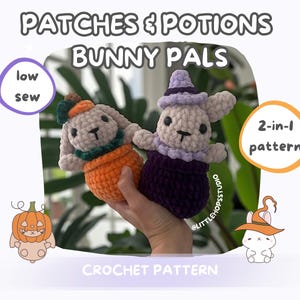 May include: Two crocheted bunny dolls, one in an orange pumpkin costume and the other in a purple witch outfit. The image includes text that reads "PATCHES & POTIONS BUNNY PALS" and "CROCHET PATTERN". Additional text includes "low sew" and "2-in-1 pattern".