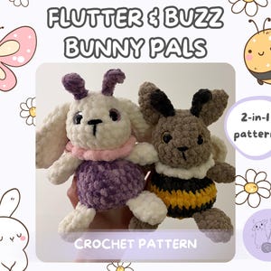 Paquete de patrones de ganchillo: Conejitos Flutter & Buzz / Conejito amigurumi Mariposa Abeja / Descarga instantánea en PDF / Patrón de juguete de peluche