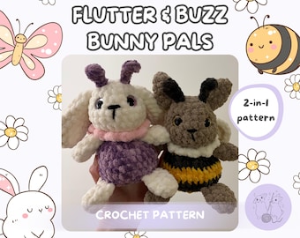 Bundel met haakpatroon: Flutter & Buzz Bunny Pals | Amigurumi konijn vlinderbij | Pdf direct downloaden | Patroon knuffeldier