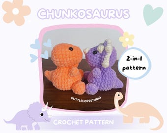 Haakpatroon Chunkosaurus: 2-in-1 triceratops & Brontosaurus beanie pluche (pdf-patroon)