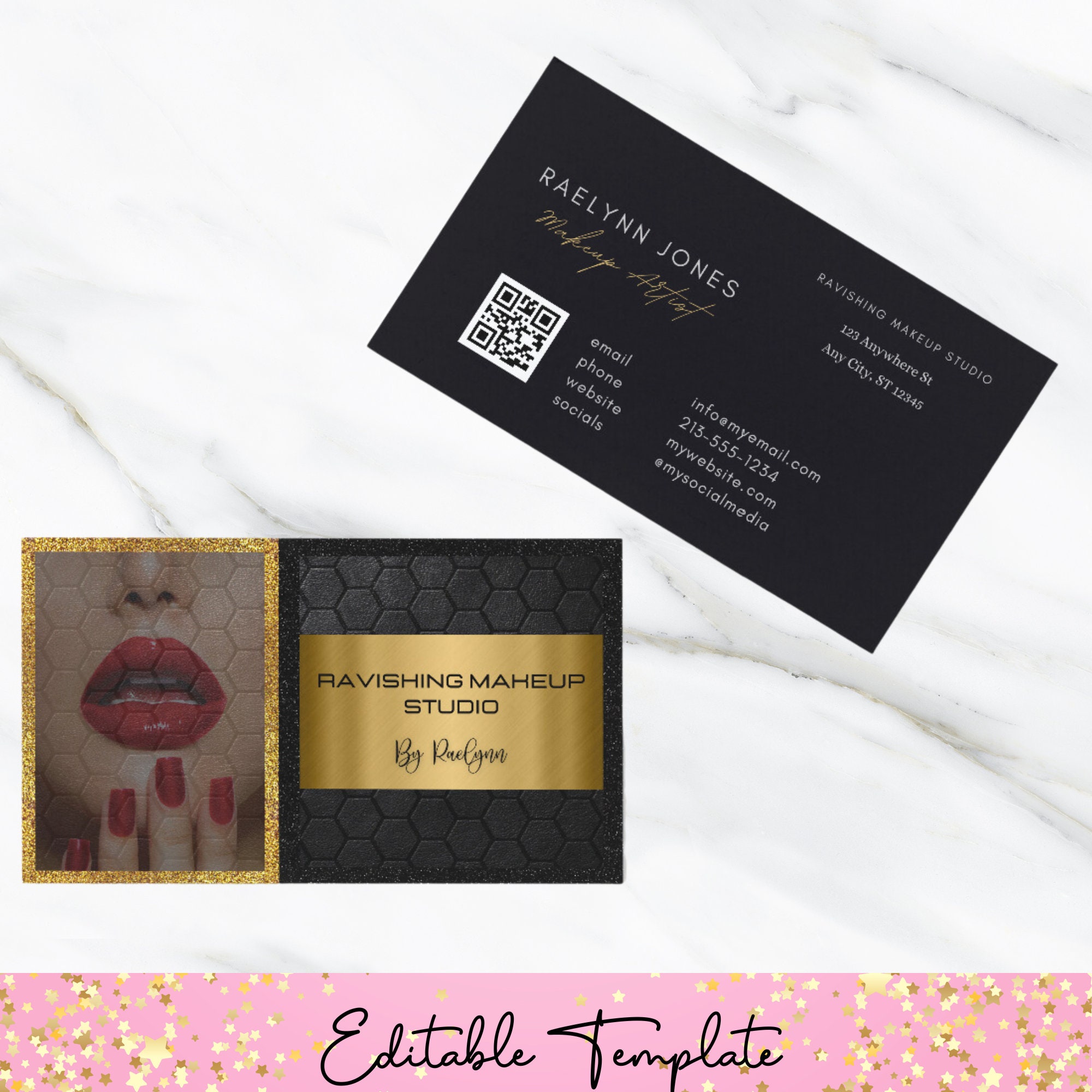 Glam Business Card Template, Makeup Artist, Business Card Instant Download, DIY Business Card