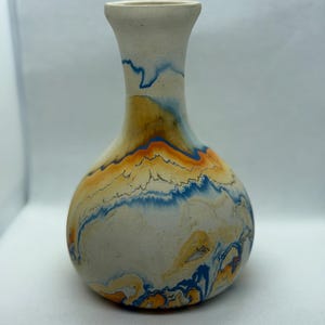 Vintage Nemadji Pottery Vase with unique swirled pattern in blue and orange