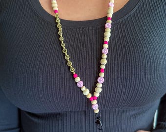 Smiley Beaded Lanyard: Custom Name Badge ID, Boho Teacher Nurse Gift