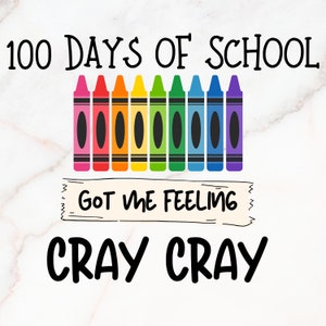 May include: A colourful graphic with the text "100 Days of School" and a row of crayons in rainbow colours. Below the crayons is a banner with the text "Got me feeling Cray Cray".