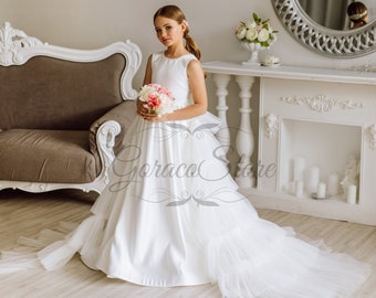 Tren de vestido de niña de flores, vestido de niña de flores de encaje satinado bebé, vestido de niña de flores boho niño, vestido de niña de flores de marfil, vestido de niña tutú