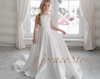 White flower girl dress with bow, Toddler satin dress, Girl dress wedding, Kids wedding dress, Princess flower girl dress, White tutu dress