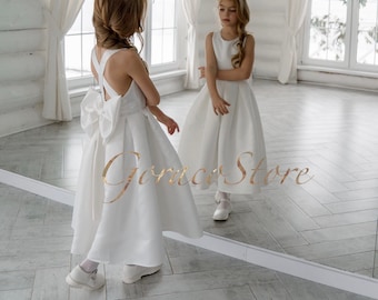 Flower Girl Dress Baby, Elegant Girls Dress, White Flower Girl Dress Toddler, Ivory Flower Girl Dress Satin, Girl Ball Gown, Baptism Dress