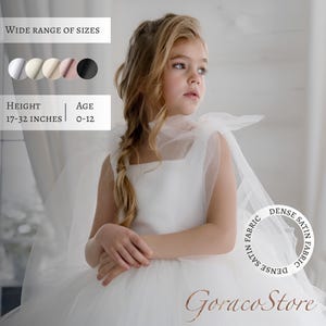 Satin flower girl dress bow, Flower girl dress long, Kids prom dress, Junior bridesmaid dress, Girl princess dress, White flower girl dress