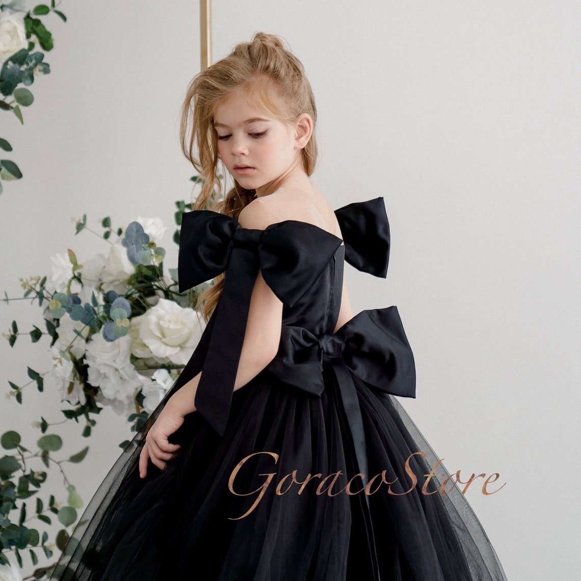 Black Satin Dress for Girl off Shoulder Flower Girl Dress Etsy