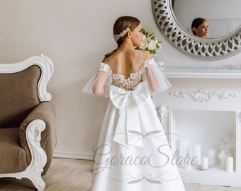 Vestido de niña de flores encaje satinado blanco, vestido de niña blanca, vestido de fiesta de niña, vestido de niña de flores niño, vestido de tul niñas, vestido de novia de niña