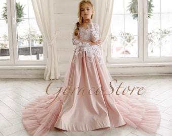 Robe de demoiselle d'honneur rose, robe de demoiselle d'honneur tutu, robe de demoiselle d'honneur en tulle, robe de demoiselle d'honneur en satin, robe de fille d'honneur train longue, bébé